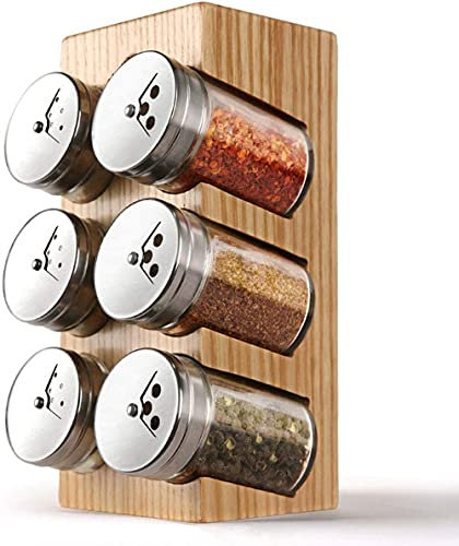 NOVSKI Gewürztank, Gewürzbox Gewürz Menageflasche Mit Gewürzregal Aus Holz, 6 Gewürzgläser Aus Glas, Für Alle Gewürze Lagerung Von Salz, Zucker Und Pfeffer