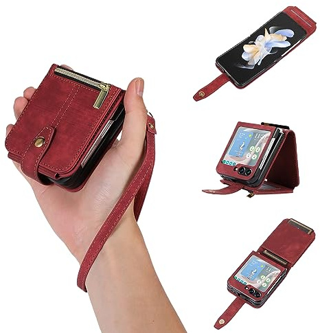 UEEBAI Étui pour Samsung Galaxy Z Flip 5 5G, Premium Portefeuille Cuir PU Rétro Rabat Housse avec Dragonne Fentes Cartes Fonction Support Fermeture Magnétique Protection complète - Vintage Rouge