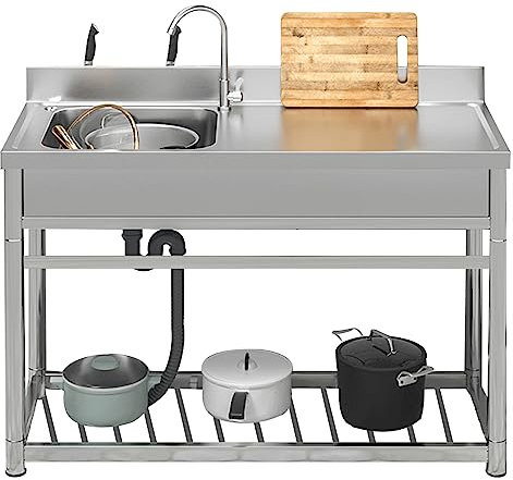 Gastronomie Spüle mit Arbeitstisch, Kommerzielle Edelstahl Spüle mit Wasserhahn, Außen Spülbecken Station Küche Restaurant Ablage