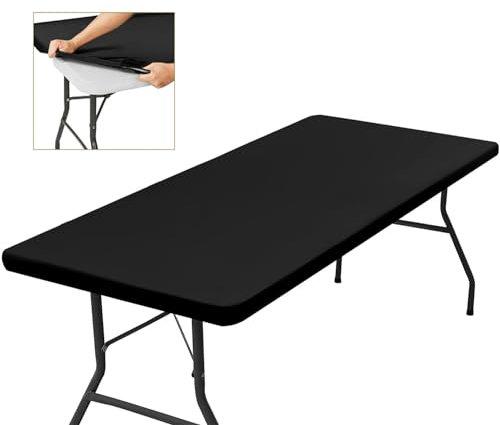 Glop Mantel Mesa Rectangular 182x76, Tela Negro Elástico, Ajustable, Repelente al Agua, Antiarrugas, Ideal para Exterior, Jardín, Camping y Ajuste Elastico para Funda Mesa Plegable, Resistente