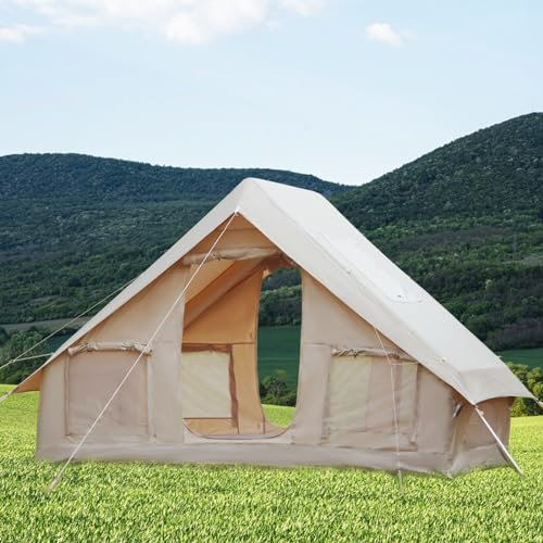 Baralir Inflatable Tent with Pump - 4-6 Person Blow Up with Stove Jack, 4 Season Waterproof Windproof Large Air, Outdoor Family Luxury Camping with Mesh Windows & Doors
