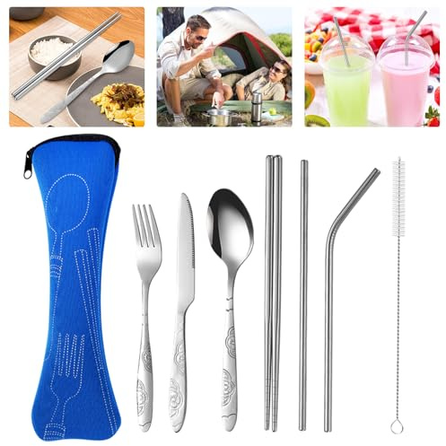Besteck Campingbesteck Messer Und Gabel Set Feldbesteck Camping Besteckset Outdoor Reisebesteck Cutlery Bestecktasche für Unterwegs Messer Geschirr 1 Person, 8 StüCk