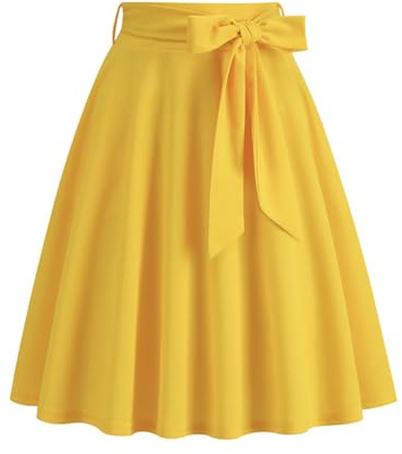 seiveini Jupe Femme Élégant Jupe Trapèze Vintage Années 50 Jupe Rockabilly Haute Taille avec Ceinture Été Automne Maxi Jupes Fluide Evasée Jupes A-Line Ample A Jaune L