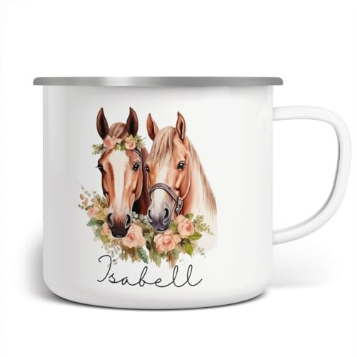 miKalino Emaille Tasse Mädchen - Trinkbecher Kinder personalisiert - Emaille Becher mit Zwei Pferde mit Herzen und Wunschname-Motiv - Kindertasse mit Namen - Kindertasse bedruckt,