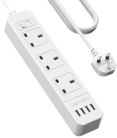JSVER Extension Lead USB,Power Socket with 3 Outlet 4 USB Charging Station Power Strip 3250W 13A with 3M Power Lead for home and office-White