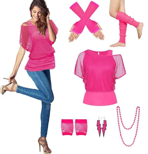 80er Jahre Outfits Damen Set,Netzshirt,Tank top,Beinwärmer,Netzhandschuhe,Ohrring, Halskette,80er Jahre Kostüm Outfits Netzoberteil Damen Tops Neon Shirt Thema Party Karneval (Rosa, L)