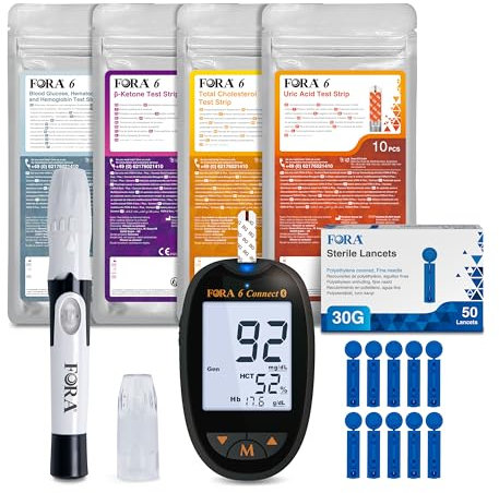 FORA 6 Connect | 4-in-1 Blutzucker-, Keton-, Cholesterin-, Harnsäure-Messgerät | Für die Selbstanwendung zu Hause | Bluetooth & App | Inkl. Teststreifen & Zubehör, Schwarz