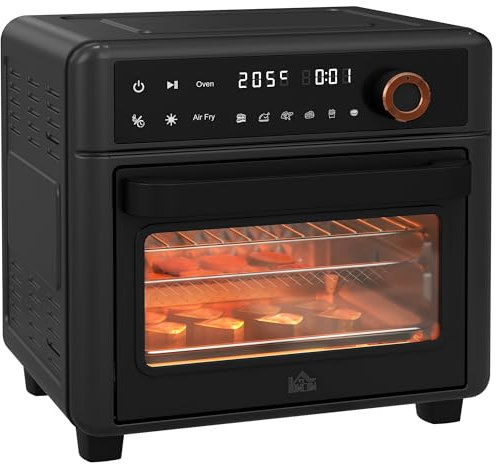 HOMCOM Minihorno con convección 13L Minihorno con bandeja de horno, rejilla grill y bandeja recogemigas, 40 °C-220 °C Freidora de aire caliente con 12 programas, cesta para freír, temporizador 12h,