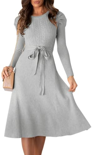 IBAKOM Women's Fall Sweater Dress Winter Snug Fit Knitted Long Sleeve Belted Ruffle Midi Dress A-Line Casual Dresses Grey M