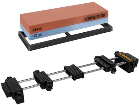 POWERTEC 72200 Schleifstein und Halter-Set, Spülenbrückensteinhalter mit doppelseitigem Schleifstein mit 400/1000er Körnung und rutschfester Gummibasis