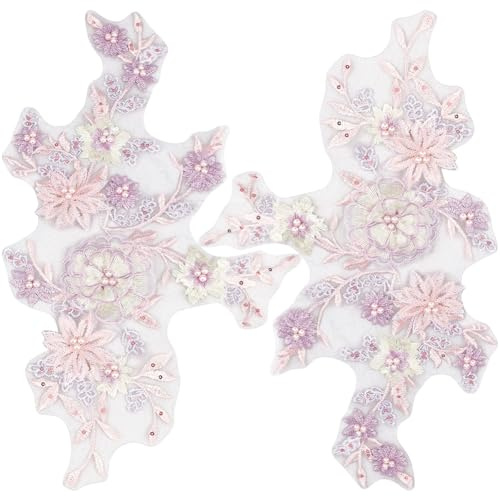 CABODYALS 2 Stück 3D Blumen Pailletten Applikation Mit Perlen Bestickte Spitzenapplikationen Rosa Polyester Stickerei Spitze Blumen Näh Tüll Patches Zum Nähen von Kleidern Kleidung Abendkleidern Heimw