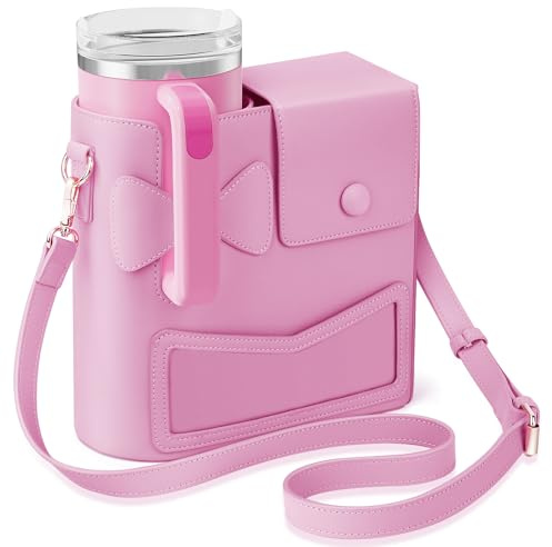 JYPS Water Bottle Crossbody Bag for Stanley Cup, Outdoor Stanley Accessories with Adjustable Strap & Phone Pouch, Tumbler Holder Water Bottle Carrier for Hiking, Travel (Pink)