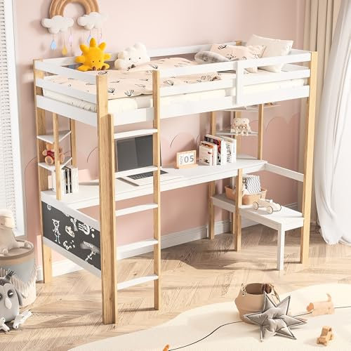 CDQL Hochbett mit Tisch, 90x200 cm, Kiefernholz, Platzsparendes Kinderbett, multifunktionales Hochbett mit Stabiler Leiter und Sicherheitsgeländer, Jugendbett, Weiß