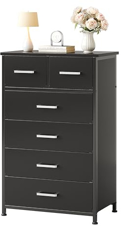 Flrrtenv Wooden Dresser for Bedroom, Chest of Drawers, Storage Cabinet, 6 Drawer Organizer for Office, Living Room, Hallway - Black Wood