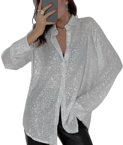 MINTLIMIT Damen Paillettenhemd vorne offen Langarmhemd mit Kragen Lockere Blusen Glitzer Button-Down-Shirt Tops