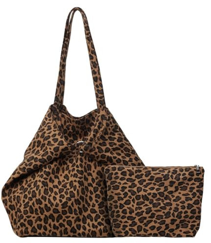 Damen Leopard Tote Tasche Groß Umhängetasche Schultertasche, Canvas Handtasche Leopardenmuster Crossbody Tasche, Casual Einkaufstasche Shopper Tragetasche Für Alltag, Büro, Einkaufen (Hellbraun)