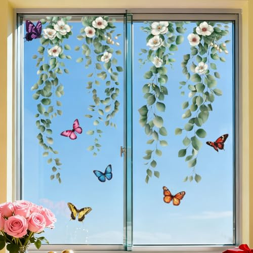 ANATTASOUL Fensterbilder Doppelseitig Eukalyptusblätter und -blüten Fensterdeko Wiederverwendbar Fenstersticker Blickdichter Fenster Aufkleber Deko Frühling Sommer für Glas Kinderzimmer Badezimmer