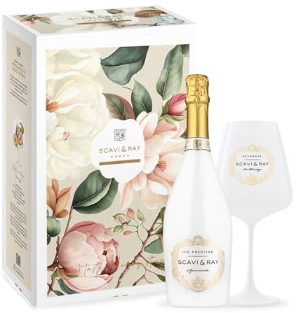 SCAVI & RAY Ice Prestige Geschenkset mit Designglas - 0,75l | Halbtrockener fruchtig frischer Schaumwein aus Italien mit Designglas, 10,5% Vol., Genussmoment in stilvoller Geschenkbox
