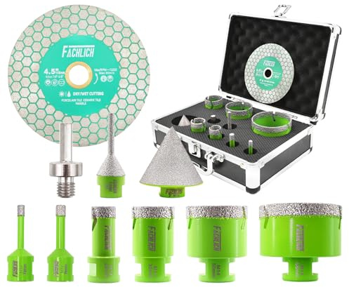 FACHLICH Scie Cloche Carrelage Kit - 11 Pièces Foret Diamant Carrelage Kit(6/8/20/25/35/50/68mm+6-25mm Fraise+50mm Foret Chanfreineuse+Adaptateur)+Disque Diamant,Scie Cloche Diamantée