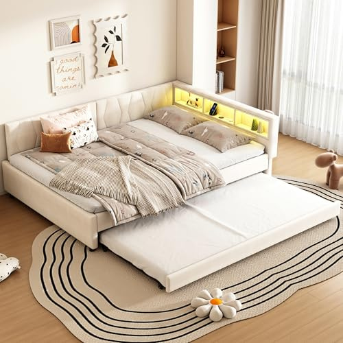 Polsterbett Schlafsofa 140x200, Doppelbett mit LED-Licht&USB Ladefunktion&Ausziehbett&Ablagefach, Funktionsbett Tagesbett Kinderbett Jugendbett Bettgestell mit Lattenrost, Leinen, Ohne Matratze, Beige