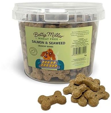 Betty Miller Wheat Free Dog Treats - Salmon & Seaweed Bones 1kg - British Baked Dog Biscuits - Salmon Dog Treats