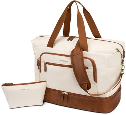 MOSISO Sporttasche für Damen, Reisetasche Weekender, Handgepäck über Nacht, Sporttasche mit Schuhfach, Nassfach und gesteppter Gittertasche vorne für Fitness, Yoga, Weekender, Beige