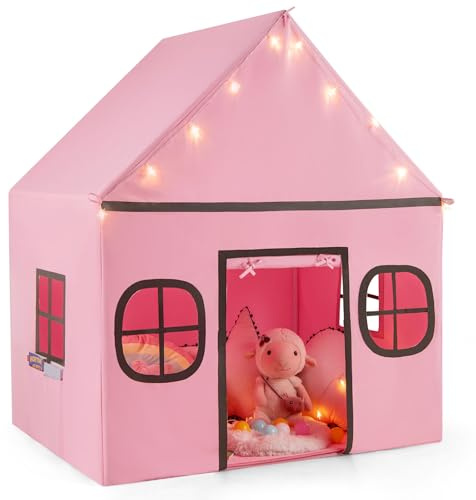 GYMAX Large Kids Tent, Indoor Children Playhouse with Washable Mat, Star Lights, Windows & Side Storage Pockets, Play Tent for 3 Years Old+ Girls Boys (Pink+Grey)