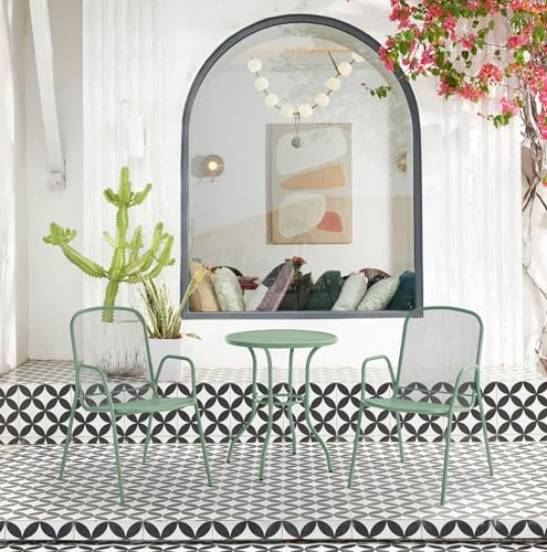 Hoclauho 3tlg. Bistro-Set aus Metall: Grünes Gartenmöbel Set mit 2 Stühlen & Tisch, wetterfestes Balkonset für Garten, Terrasse & Outdoor