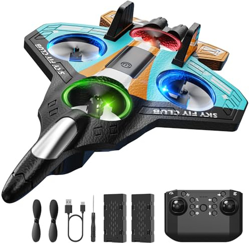 DEERC RC-flygplan i skum för barn, radiostyrt, med höjdbevarande, 3D-flips och LED-lampor, 2 batterier, RC-flygplan lämpligt för nybörjare för pojkar och flickor (blå-orange)
