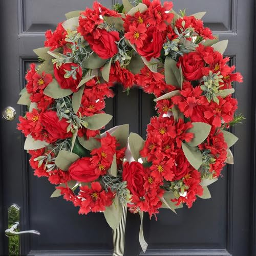 Künstlicher Blumenkranz mit Roten Rosen und Pfingstrosen, 40cm, Handgefertigt, Türdekoration für Hochzeit und Zuhause