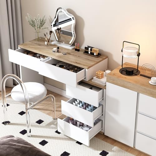 BXEYXE Escritorio con 5 cajones.tocador. función de almacenamiento. para dormitorio E1 tablero de partículas. blanco+roble