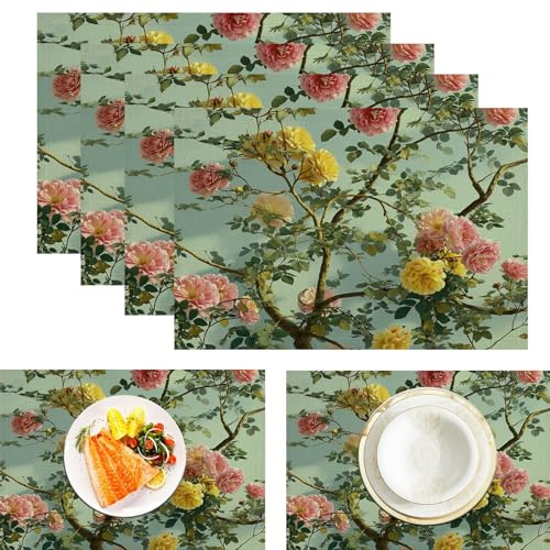 Linen Fabric Rose Vine Placemats, Floral Plant Dining Table Place Mats for Party Kitchen Restaurant Table Decor Indoor Outdoor, Washable Green Tablemats Set of 6, 45x30cm
