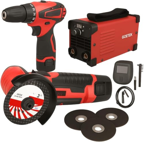 Kit 3 in 1 Mini Saldatrice inverter ad Elettrodo 400 Ampere con display LCD digitale con Cavi e Maschera + Flex Smerigliatrice Angolare 115mm 1000W + Avvitatore 48V ideale per Fabbro, Fai da te
