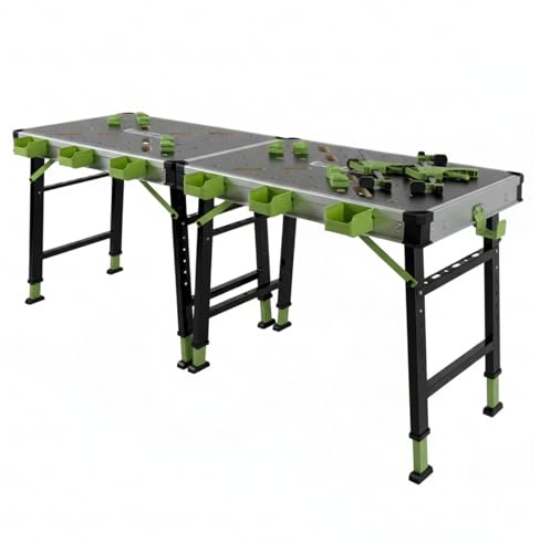 TRUTZHOLM Werkbank 2er-Set, 60 x 85 cm, klappbar, 73–88,5 cm, je 450 kg | Je Tisch 2 Schnellspanner, 4 Haltebacken und 3 Sortierkästen, mit Tragegriff, Anti-Rutsch-Füßen und Verbindungselementen