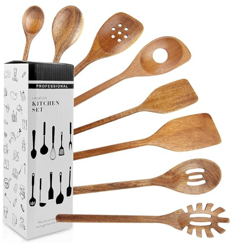 8 Pezzi Set Mestoli Cucina, Bordi Lisci, Resistenti a Deformazioni e Rotture, Set di Cucchiai da Cucina in Legno, Versatili per L'uso con Padelle Antiaderenti, Pirofile e Altro Ancora (Marrone)