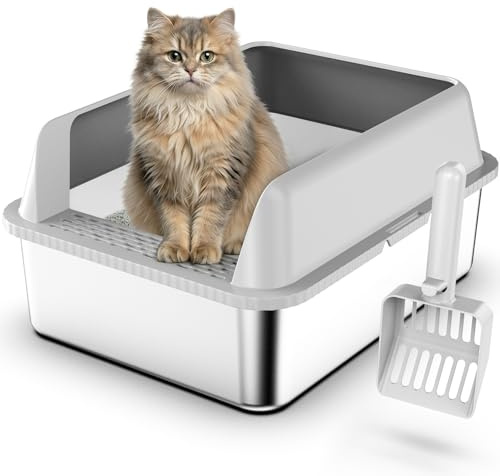 Suzzipaws Stainless Steel Cat Litter Box with Lid for Kittens & Small Pets | 17.3”×13.4”×9 High Sides Anti-Leakage Metal Litter Box, Open Top Low Entry Kitty Cat Box, Easy Cleaning, Non-Sticky