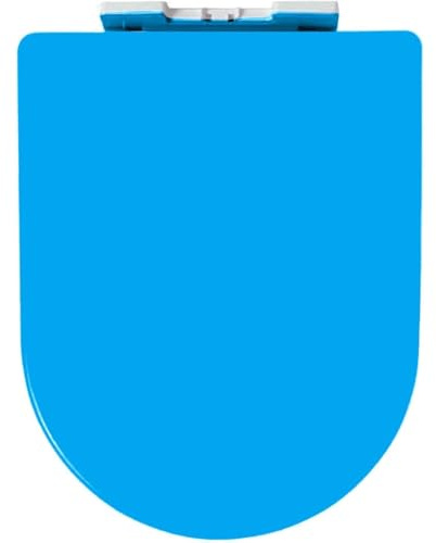 Sedile WC blu a forma di D con chiusura ammortizzata con sgancio rapido e cerniere regolabili, facile da montare e pulire, materiale PP colorato design di fissaggio superiore