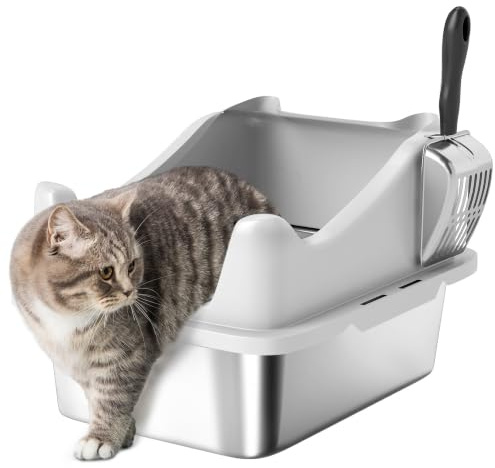 PawHut Bac à litière en Acier Inoxydable 43,1 x 33,2 x 25,4 cm Gris | Maison de Toilette pour Chat, Bords Hauts, Nettoyage Facile, Anti-Dispersion, Pelle en Métal, Idéal pour les Chatons