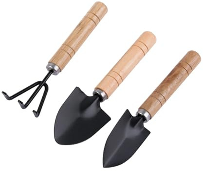 Set di 3 pale, rastrelli, vanghe, mini attrezzi da giardino, piccoli set con manico in legno