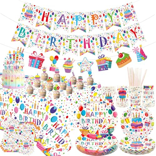 Decoraciones de fiesta de cumpleaños, decoración de fiesta de lunares coloridos, platos, vasos, servilletas, mantel, pancarta de feliz cumpleaños, adornos para tarta para niños con lunares arcoíris
