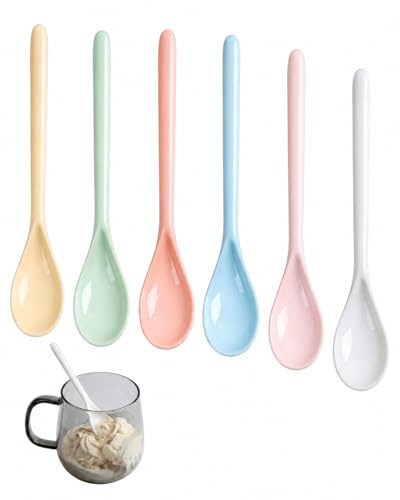 FIMWOLZ 6 Cucharas de Postre Reutilizables Plástico Mango Largo, Cucharillas Coloridas para Helado, Batidos, Vasos Altos y Café.