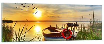 Bilder auf Glas 90x30cm Wandbild Glasdruck Landschaften Maritim - 3053 | Boot See Westen Panorama Klein Modern Dekoration Wohnzimmer Schlafzimmer Küche Wanddeko Kunstdruck Art Wall Decor ARTTOR