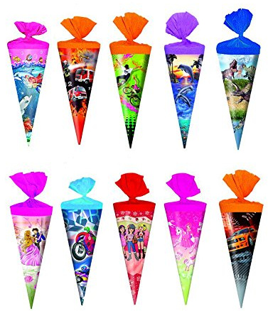 10x Schultüte/Zuckertüte/Länge: 25cm / rund / 10 verschiedene Motive