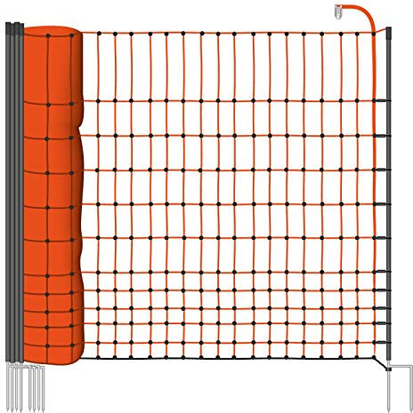 VOSS.farming Geflügelnetz 112cm Classic 50m, Hühnernetz Hühnerzaun Geflügelzaun, 16 Pfähle 2 Spitzen, Orange