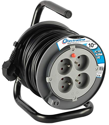 Electraline 208611 PROLONGATEUR Elektrische 10 m mit Kabeltrommel (Stromkabel, 4 Steckdosen 16 A Abschnitt 3 G1,5 mm² Grau