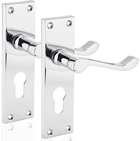 XFORT® Euro Profile Victorian Scroll Door Handles in Polished Chrome, Euro Cylinder Lock Door Handle Set, Ideal for All Types of Internal Wooden Doors that Require Key Locking Security [1 Pair]