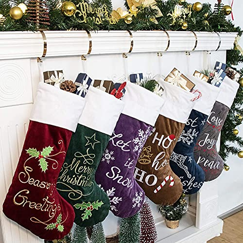GEX Christmas Stockings 6 Pack for Family 22 Large Embroidered Classic Luxury Velvet Red Green Purple Blue Grey Brown Decorations for Fireplace Xmas Season (Set of 6)