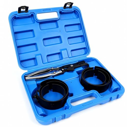 Wiltec Kolbenringspannband Set mit 6 Spannbändern 73-111 mm, inkl. Spannzange und Koffer zum Zusammendrücken der Kolbenringe, zur Montage von Kolben