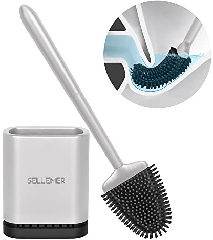Sellemer Scopino WC Silicone, Scopino Bagno Montaggio a Parete/in Piedi, Spazzola per WC con Supporto Traspirante ad Asciugatura Rapida, Scovolino Flessibile per Bagno(Argenteo)