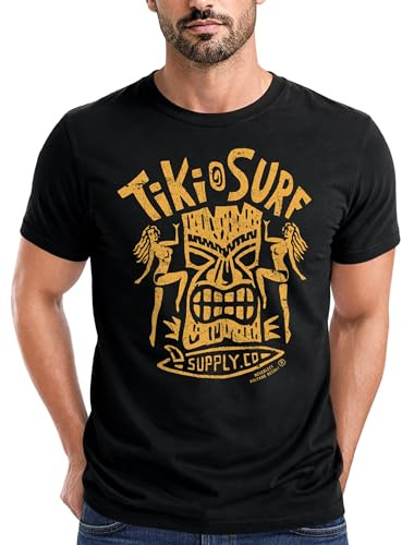 Neverless® Herren T-Shirt Tiki Maske Surf Honolulu Hawaii Beach Supply Sommer Sonne Printshirt Aufdruck Fashion Streetstyle Gelb XL